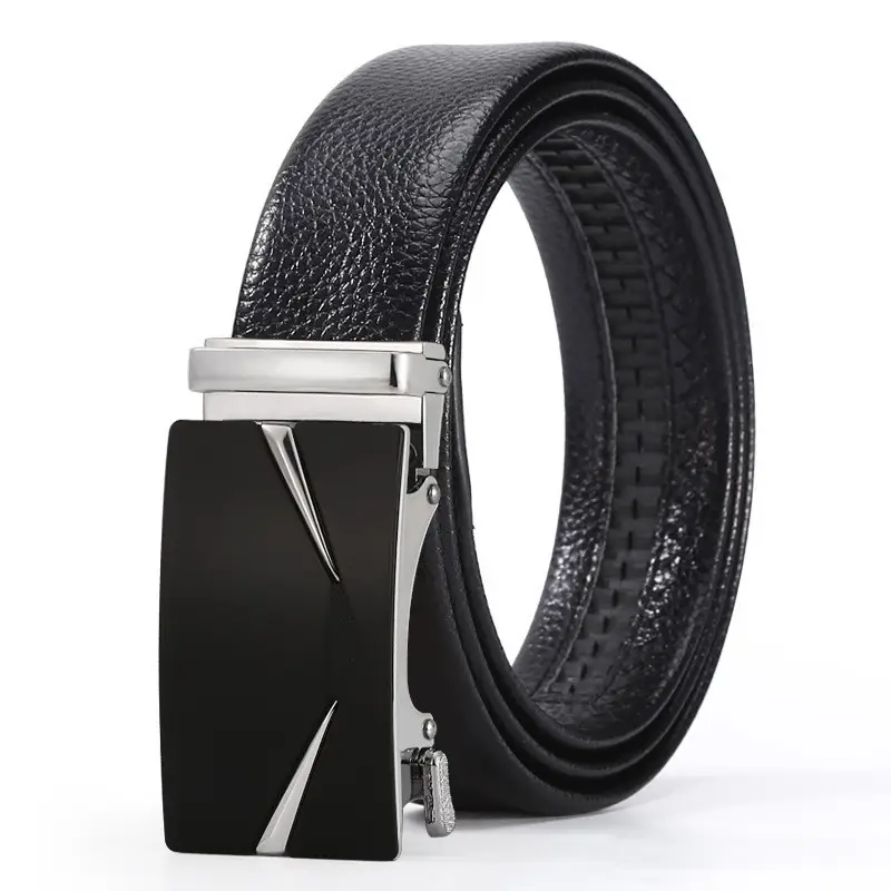 Men's Black Leather Belt with Automatic Buckle & Litchi Grain