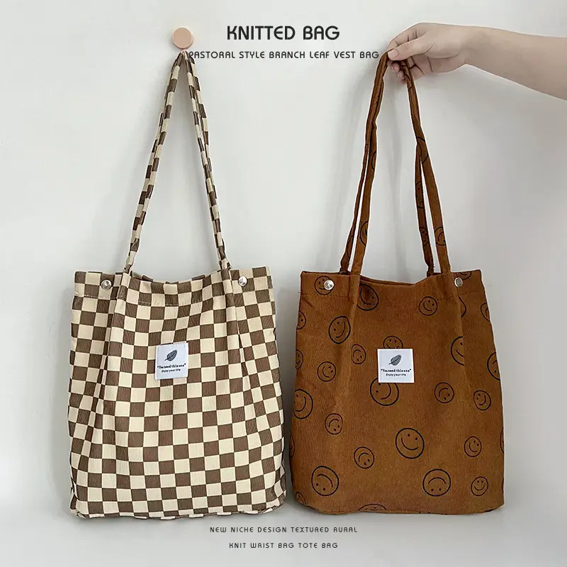 Retro Corduroy Shoulder Tote Bag for Students Pink