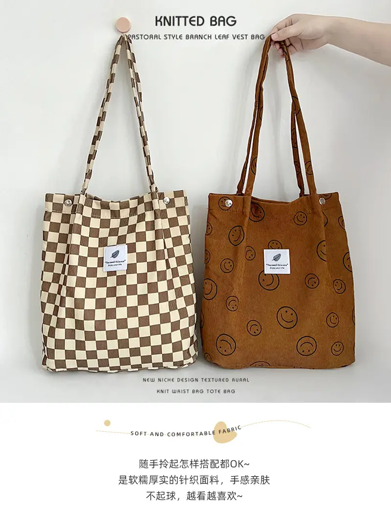 Retro Corduroy Shoulder Tote Bag for Students Pink — feature 1