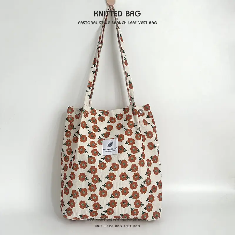 Retro Corduroy Shoulder Tote Bag for Students Pink