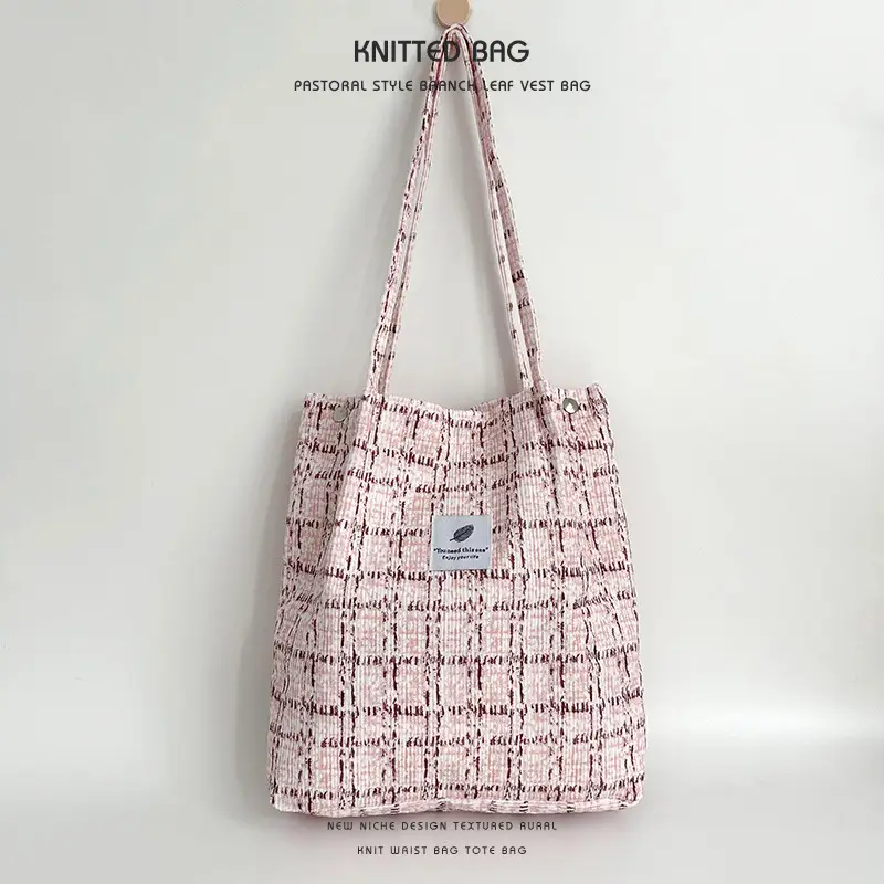 Retro Corduroy Shoulder Tote Bag for Students Pink