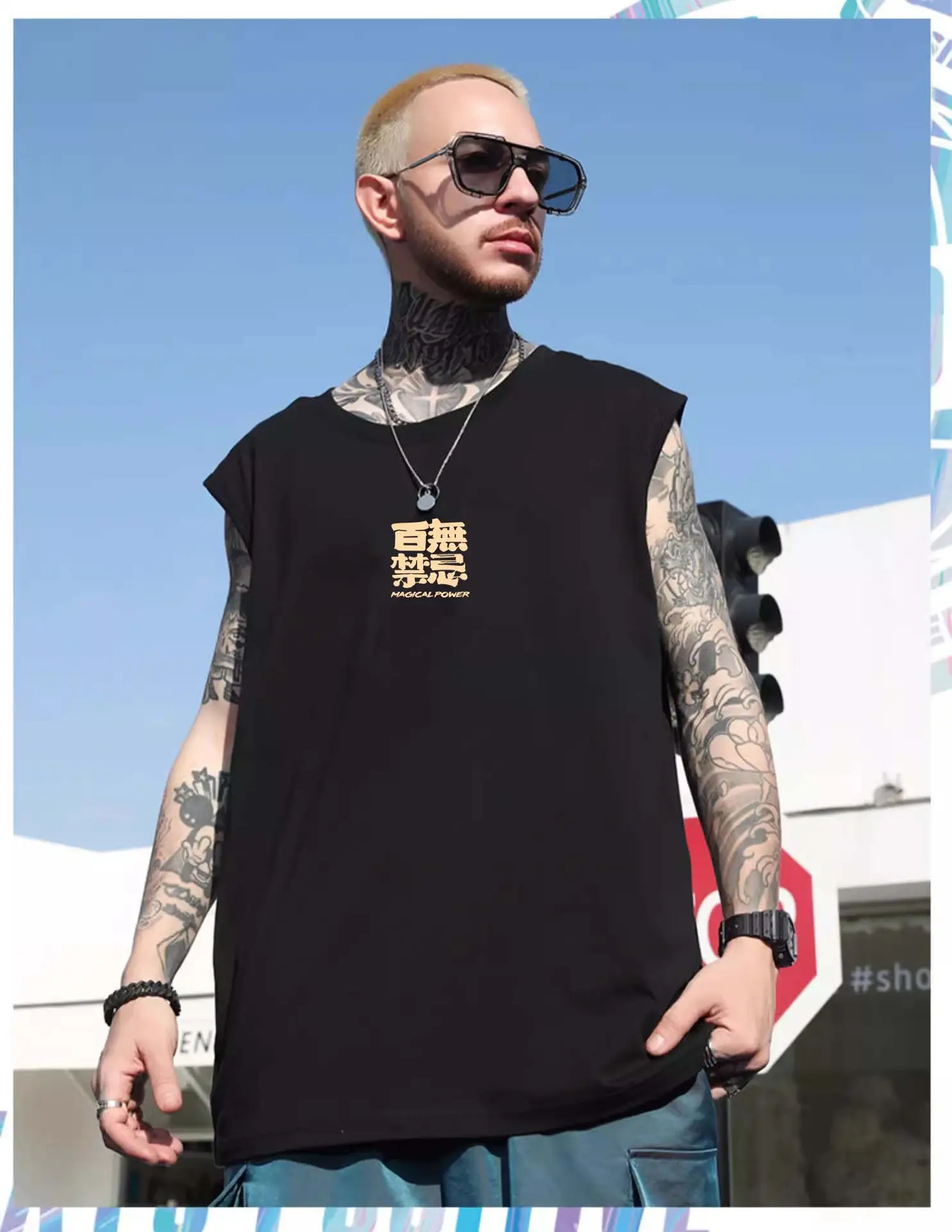 Men Sleeveless T-Shirt Black Passing Graphic Plus Size — feature 46