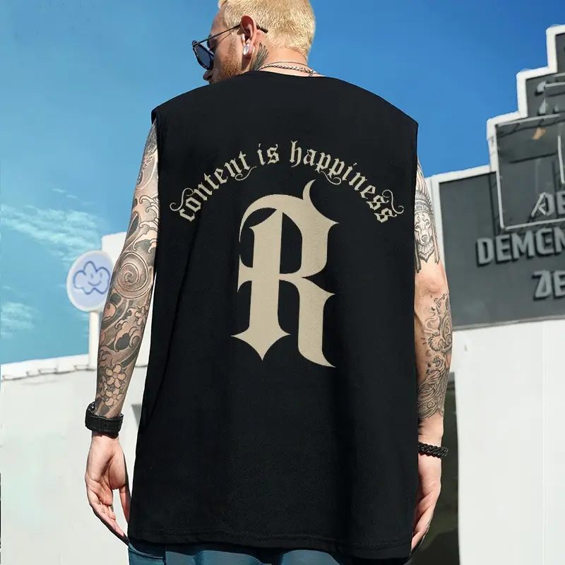 Men Sleeveless T-Shirt Black Passing Graphic Plus Size