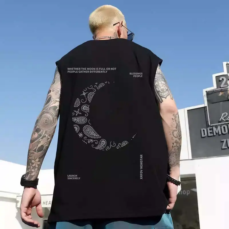 Men Sleeveless T-Shirt Black Passing Graphic Plus Size