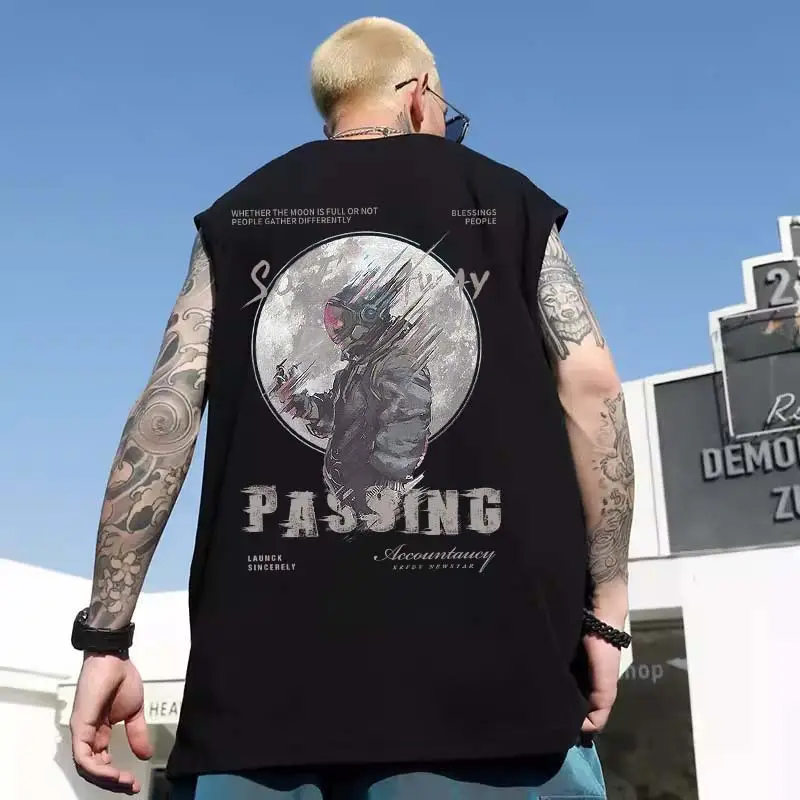 Men Sleeveless T-Shirt Black Passing Graphic Plus Size