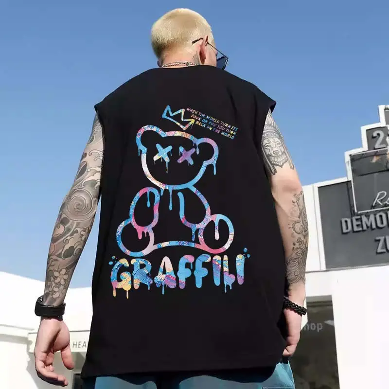 Men Sleeveless T-Shirt Black Passing Graphic Plus Size