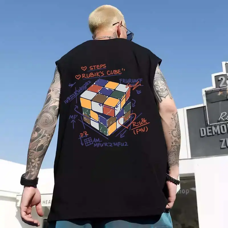 Men Sleeveless T-Shirt Black Passing Graphic Plus Size
