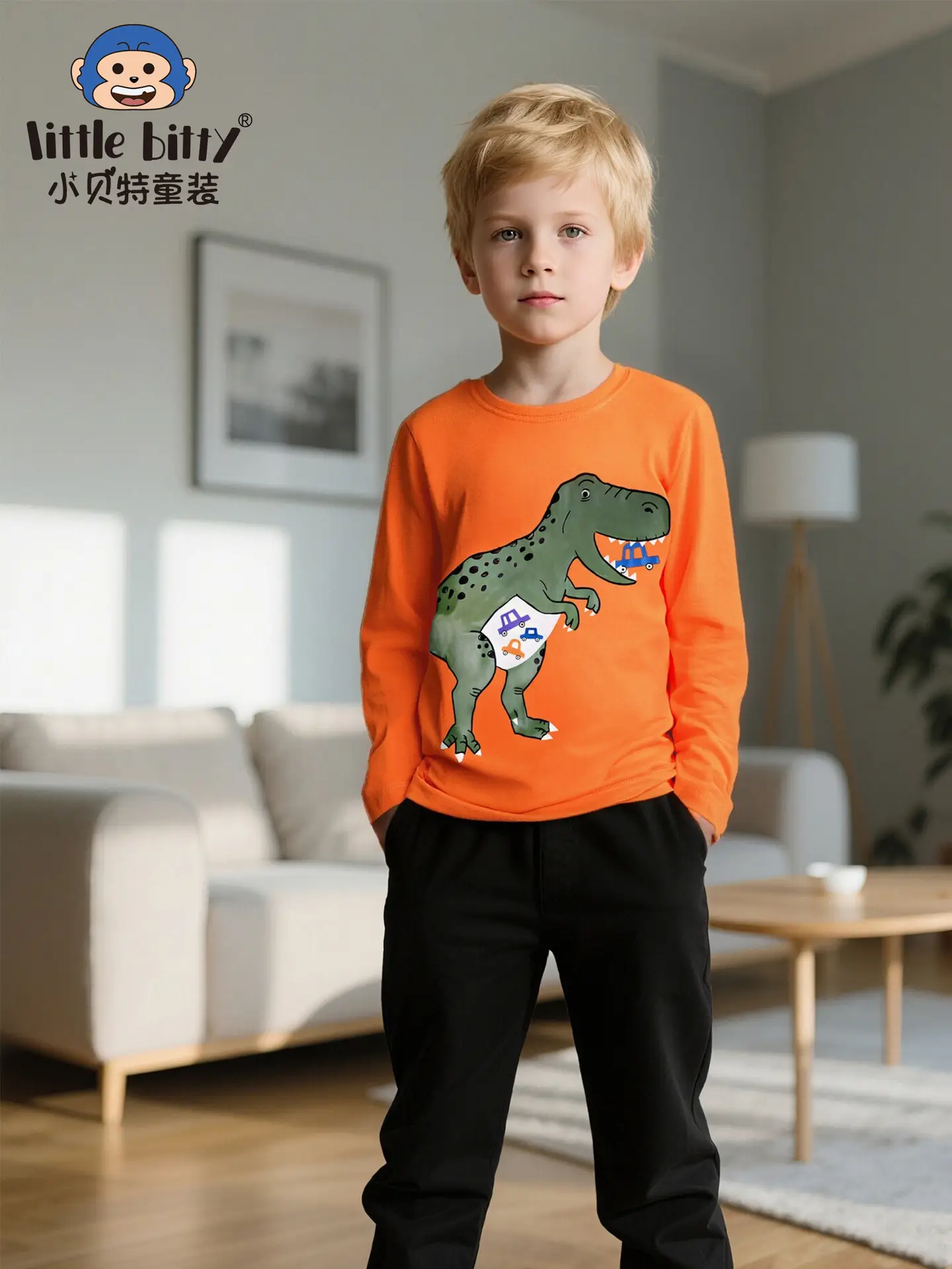 Orange Dinosaur Long Sleeve T-Shirt for Kids - Image 4