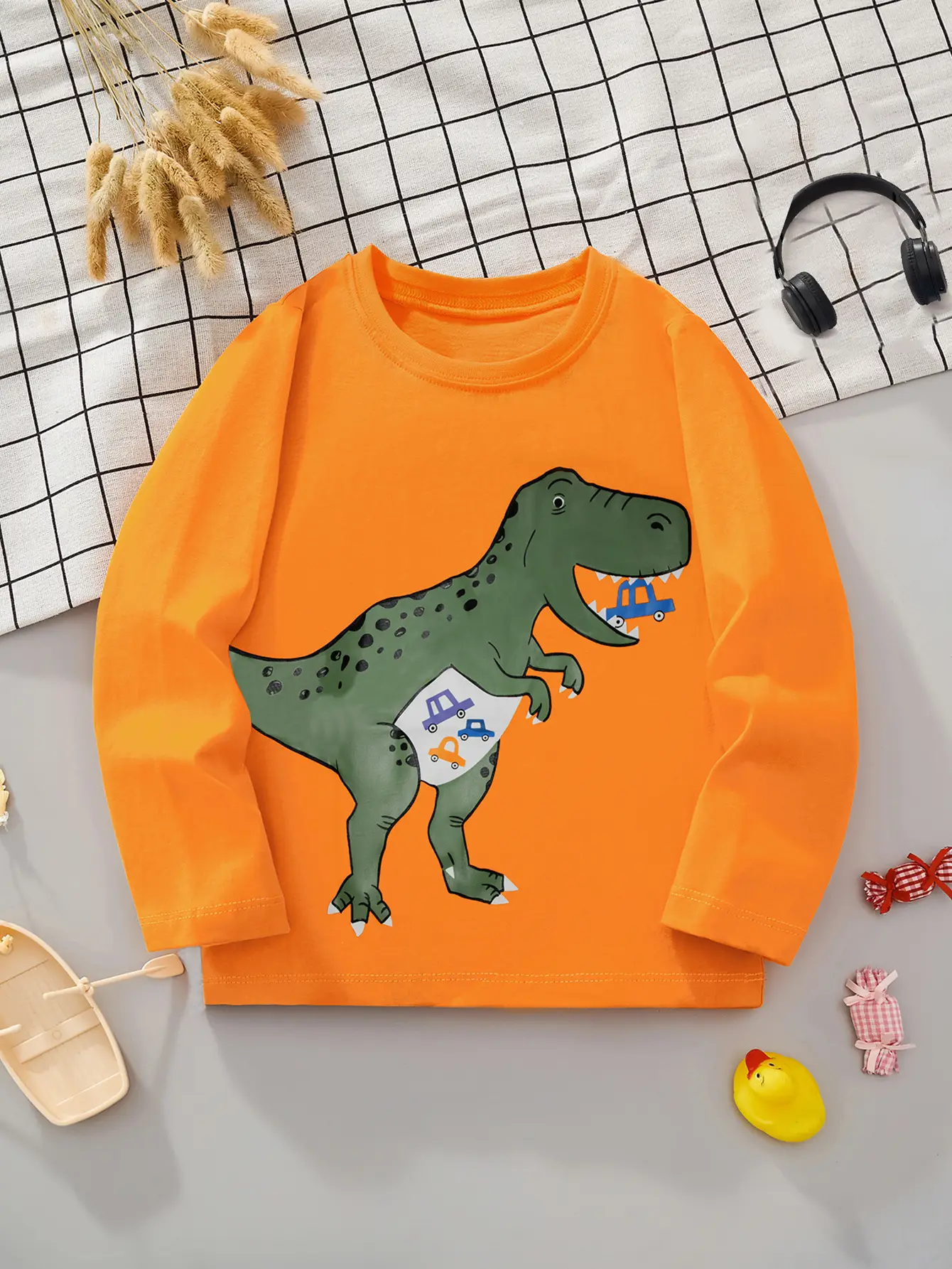 Orange Dinosaur Long Sleeve T-Shirt for Kids - Image 5