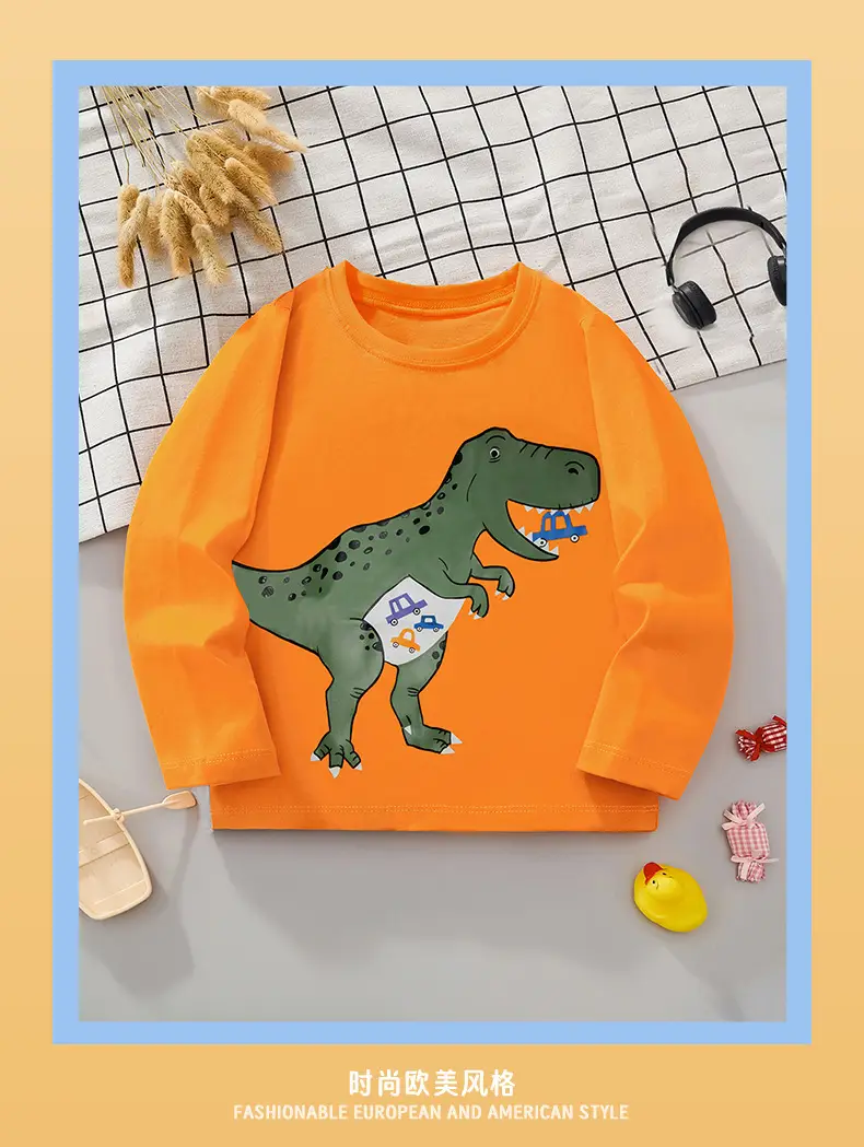 Orange Dinosaur Long Sleeve T-Shirt for Kids — feature 3
