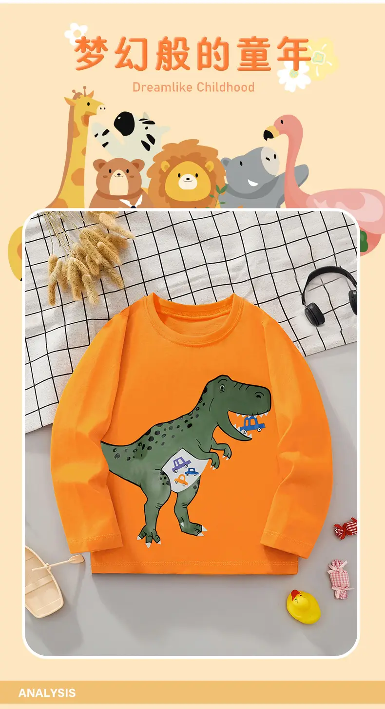 Orange Dinosaur Long Sleeve T-Shirt for Kids — feature 7