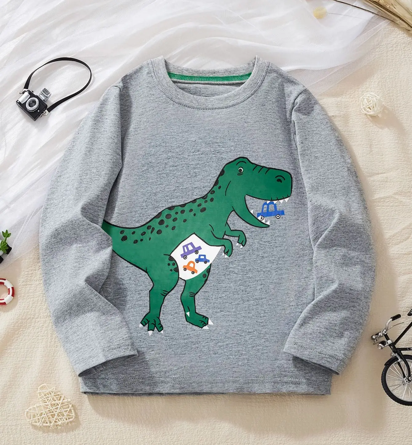Orange Dinosaur Long Sleeve T-Shirt for Kids - Image 3