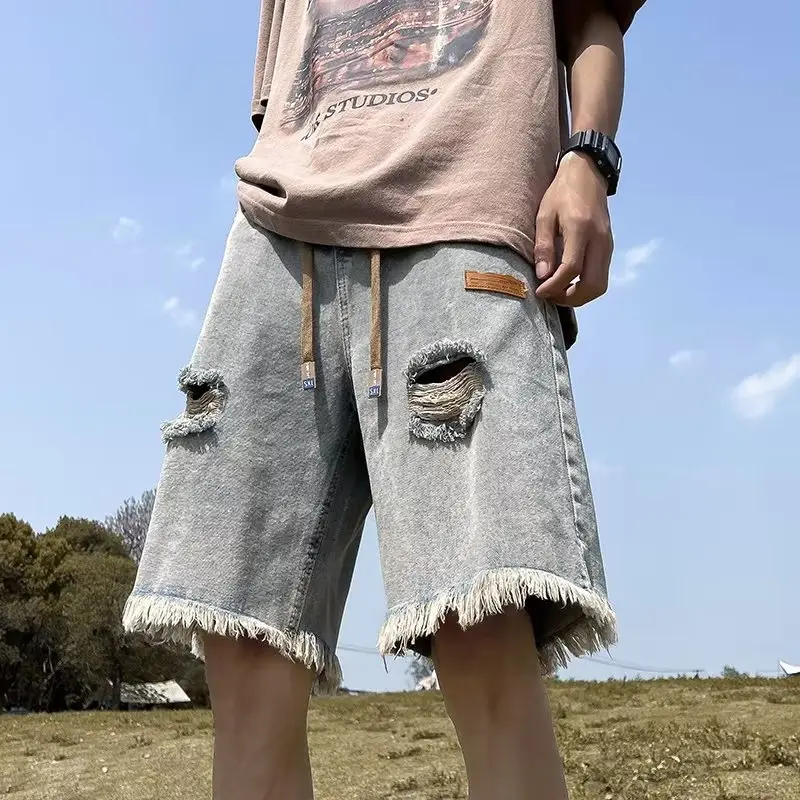 Ripped Denim Shorts for Men American Style Summer