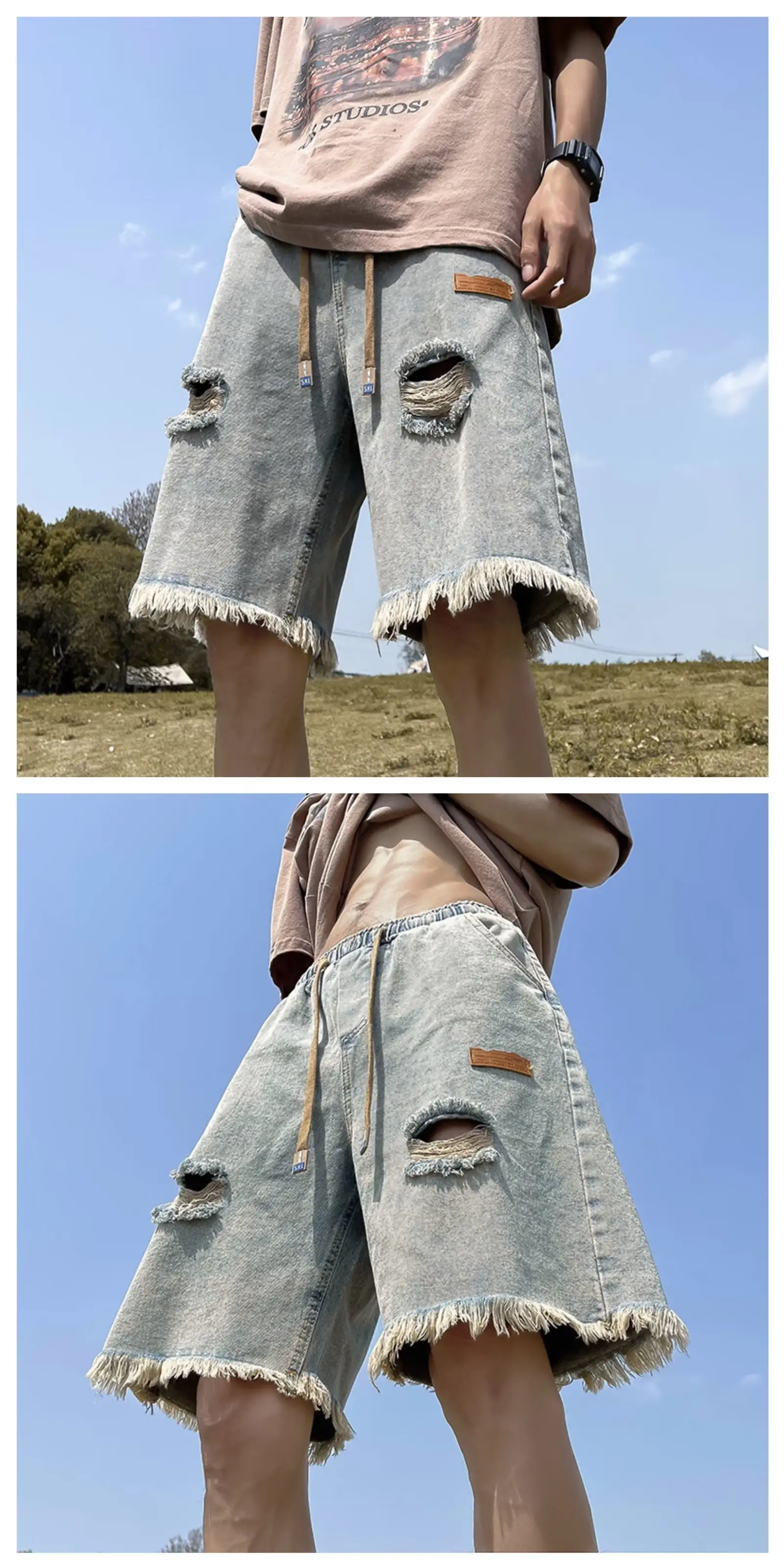 Ripped Denim Shorts for Men American Style Summer — feature 7