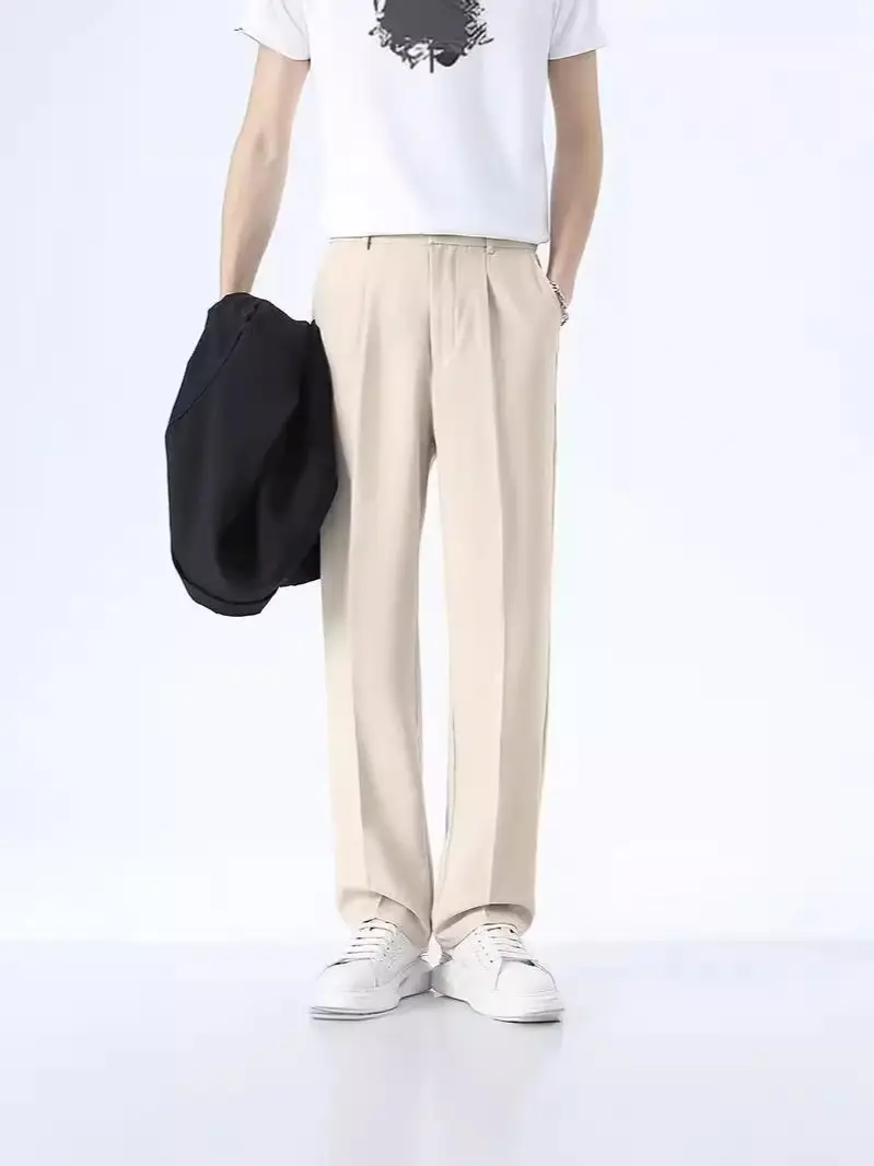 Men Ice Silk Western Pants Solid Color Loose Summer