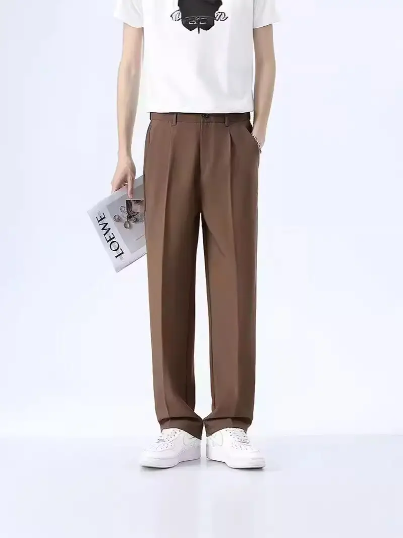 Men Ice Silk Western Pants Solid Color Loose Summer