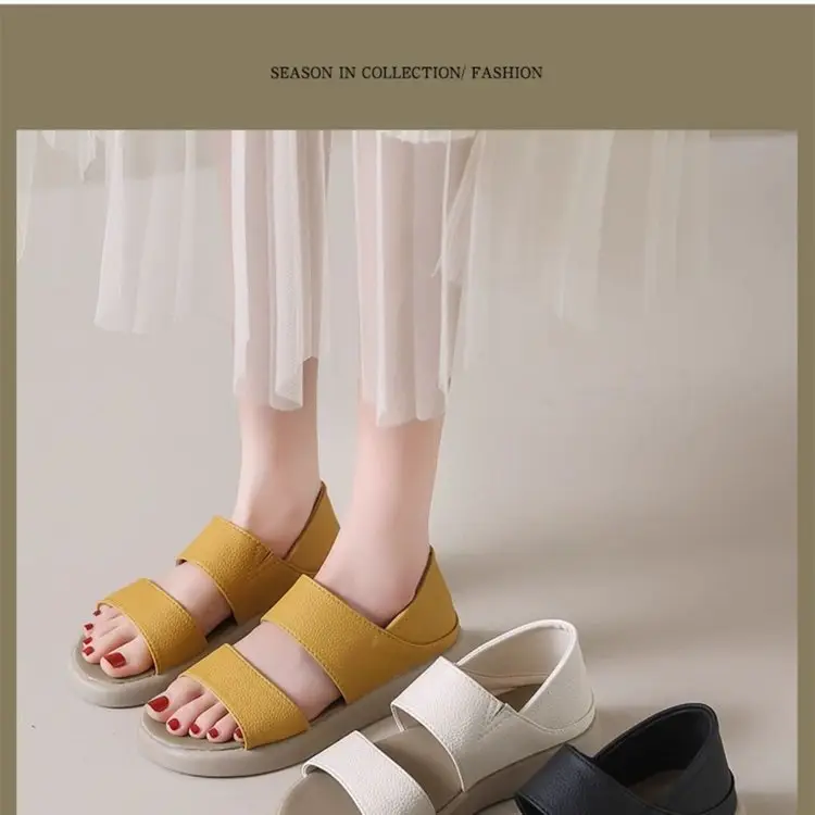 Women Yellow Leather Round Toe Sandals 2024 — feature 8
