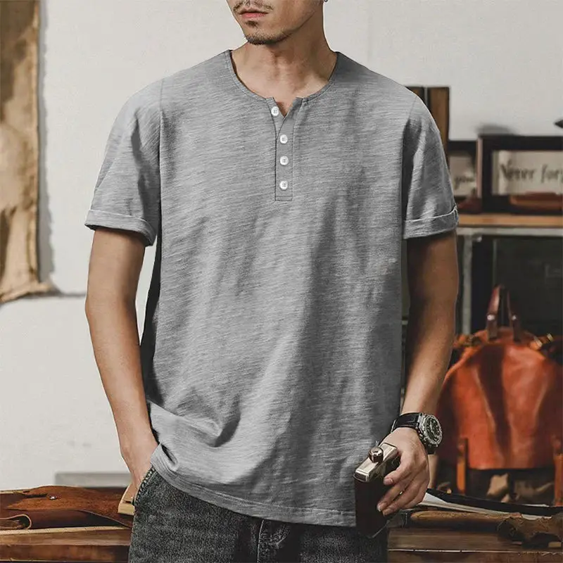 Men's Gray Bamboo Short Sleeve T-Shirt with Henry Collar - Image 9
