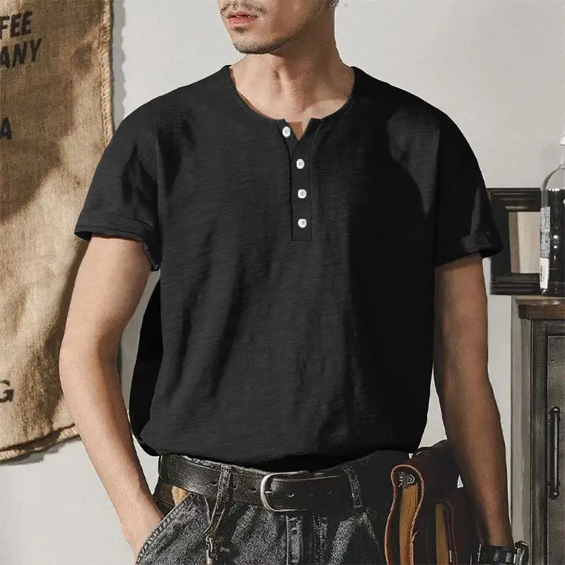 Men's Gray Bamboo Short Sleeve T-Shirt with Henry Collar — feature 13