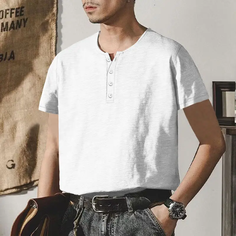 Men's Gray Bamboo Short Sleeve T-Shirt with Henry Collar — feature 2