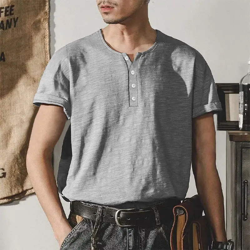Men's Gray Bamboo Short Sleeve T-Shirt with Henry Collar — feature 22