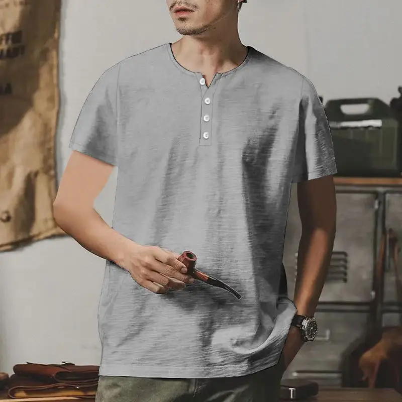 Men's Gray Bamboo Short Sleeve T-Shirt with Henry Collar — feature 23