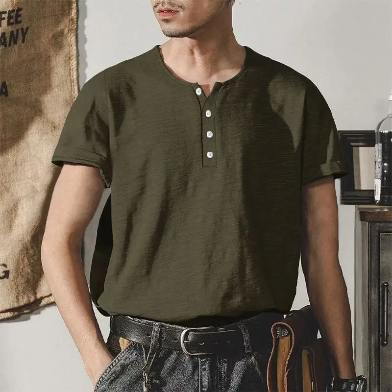 Men's Gray Bamboo Short Sleeve T-Shirt with Henry Collar — feature 31