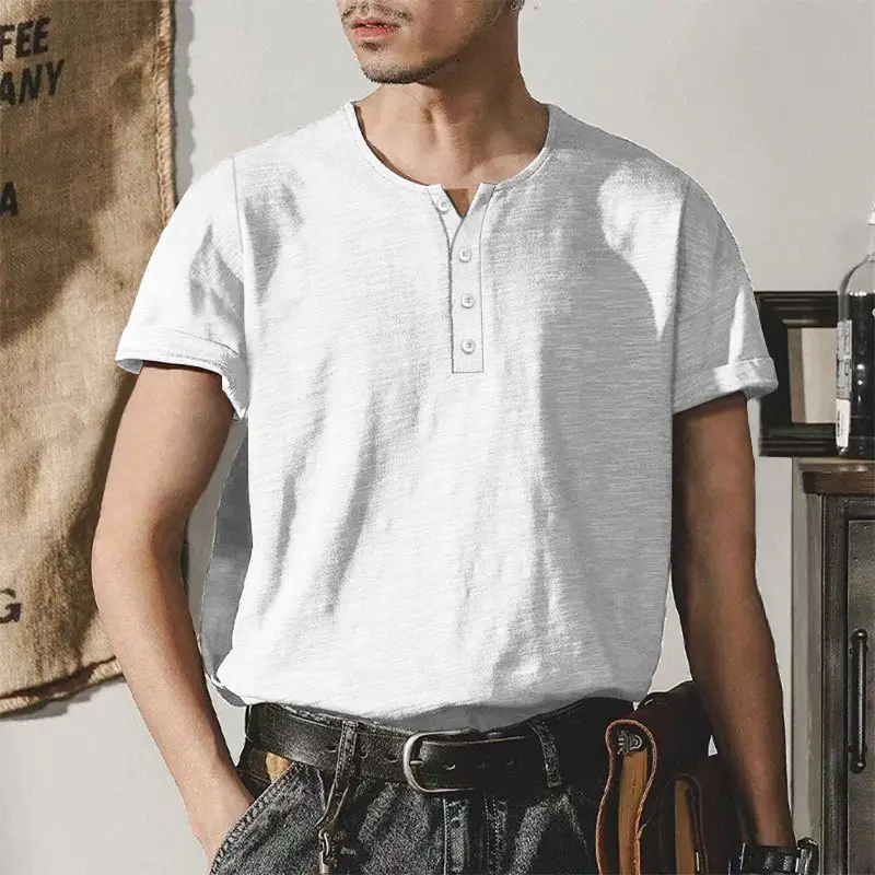 Men's Gray Bamboo Short Sleeve T-Shirt with Henry Collar — feature 4