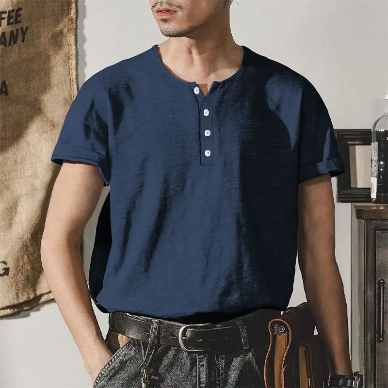 Men's Gray Bamboo Short Sleeve T-Shirt with Henry Collar — feature 40