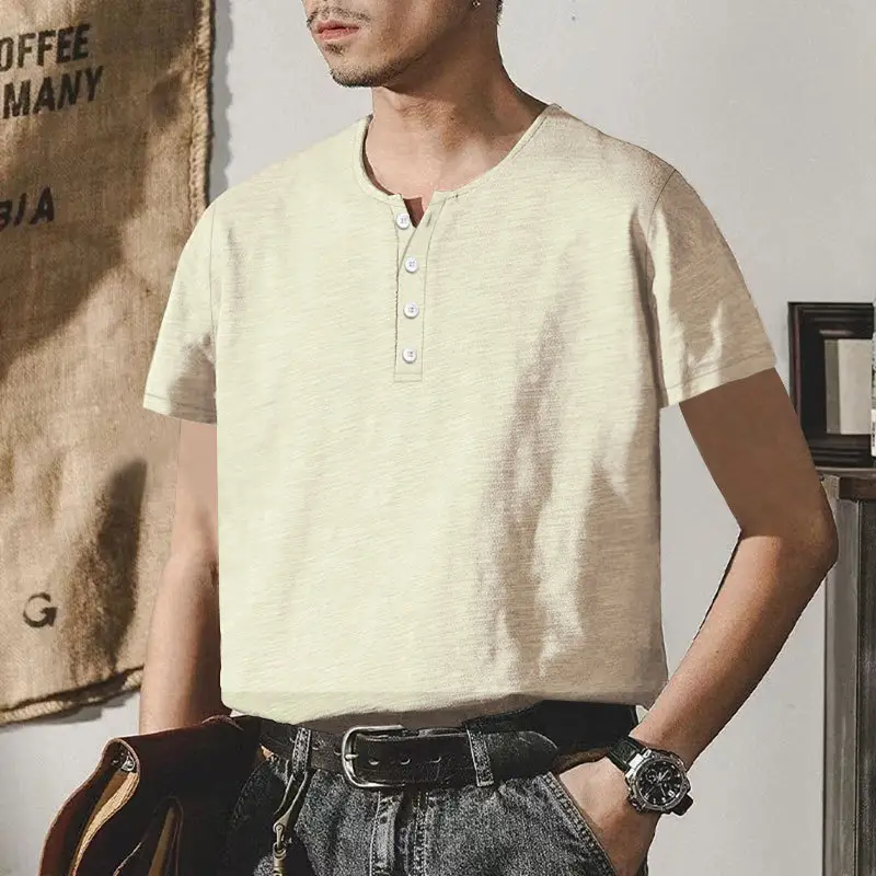 Men's Gray Bamboo Short Sleeve T-Shirt with Henry Collar — feature 47
