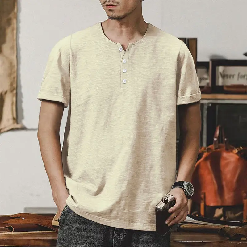 Men's Gray Bamboo Short Sleeve T-Shirt with Henry Collar — feature 48