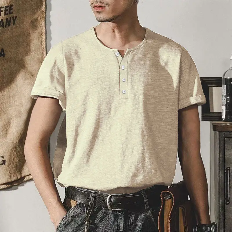 Men's Gray Bamboo Short Sleeve T-Shirt with Henry Collar — feature 49
