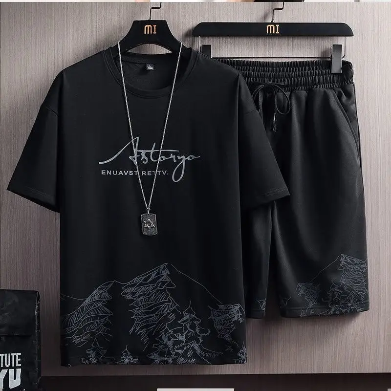Men Black Mountain Print T-Shirt Shorts Set - Image 16