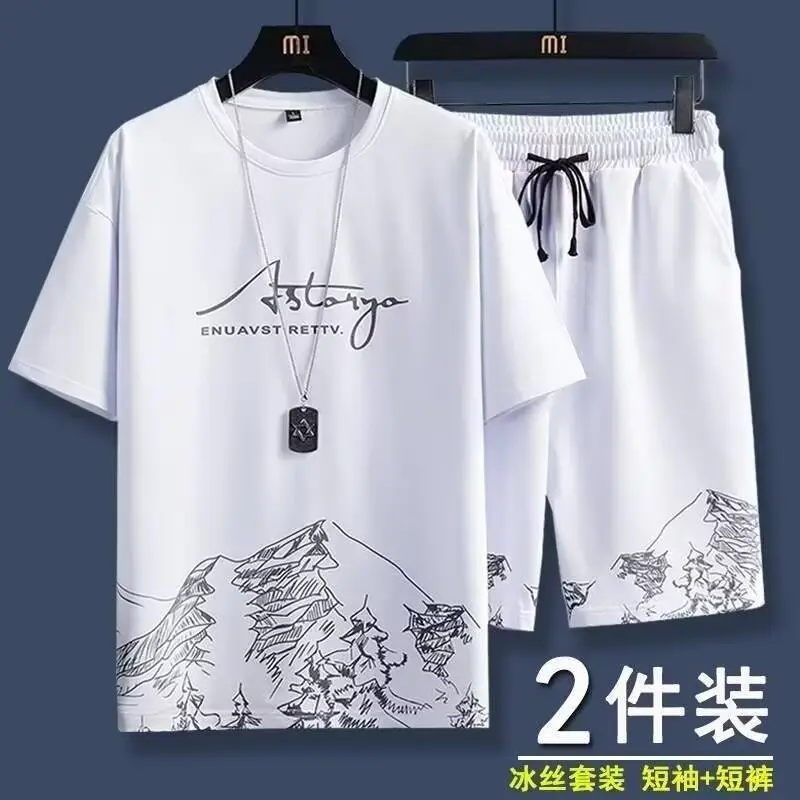 Men Black Mountain Print T-Shirt Shorts Set - Image 17