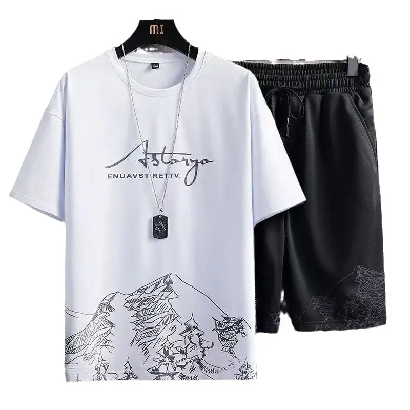 Men Black Mountain Print T-Shirt Shorts Set - Image 19
