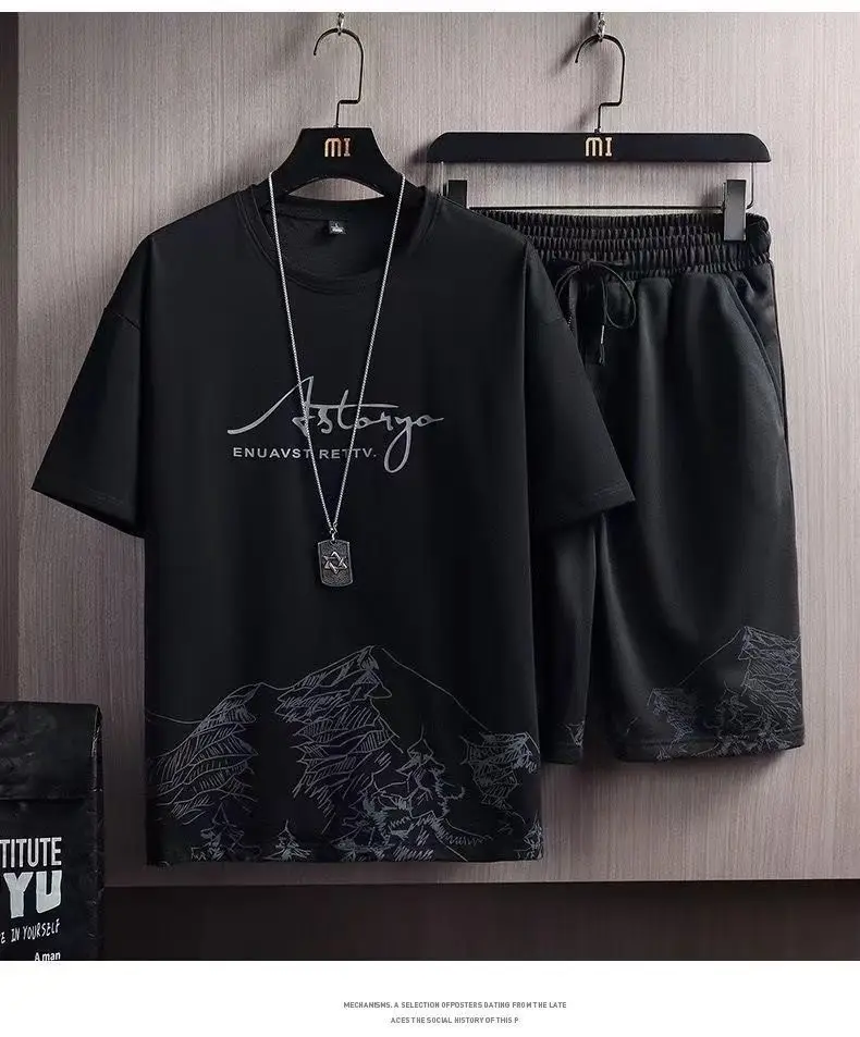 Men Black Mountain Print T-Shirt Shorts Set — feature 5