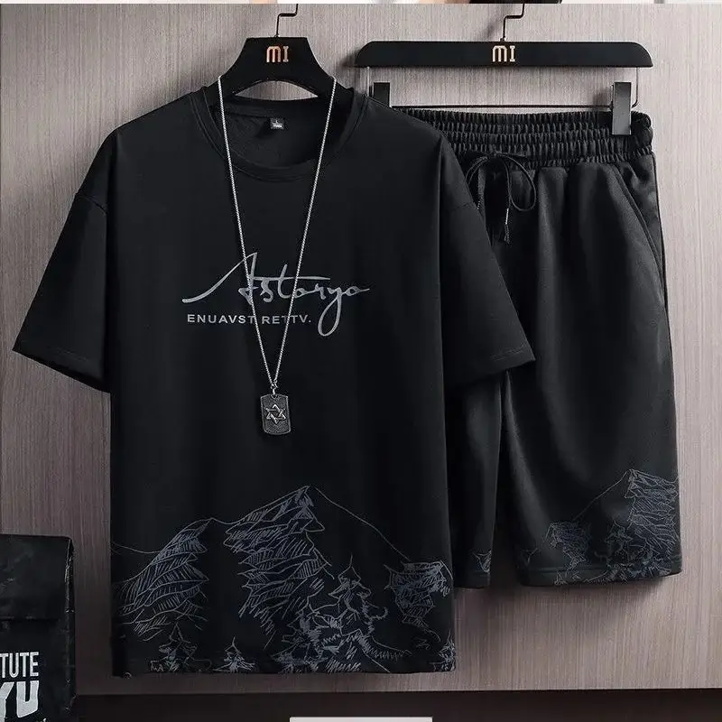 Men Black Mountain Print T-Shirt Shorts Set - Image 2