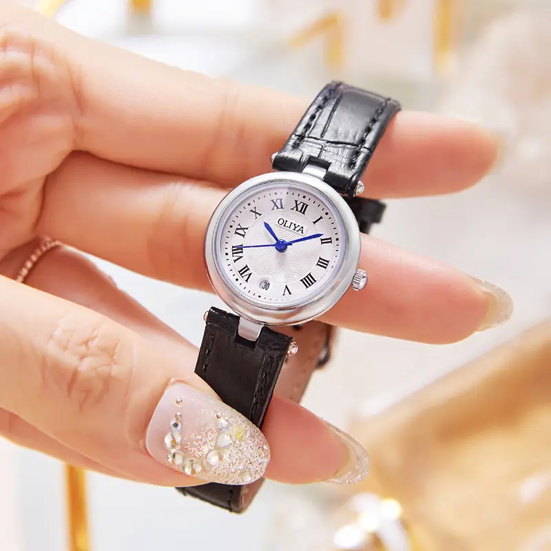 Women's Quartz Watch with Black Leather Strap — feature 1