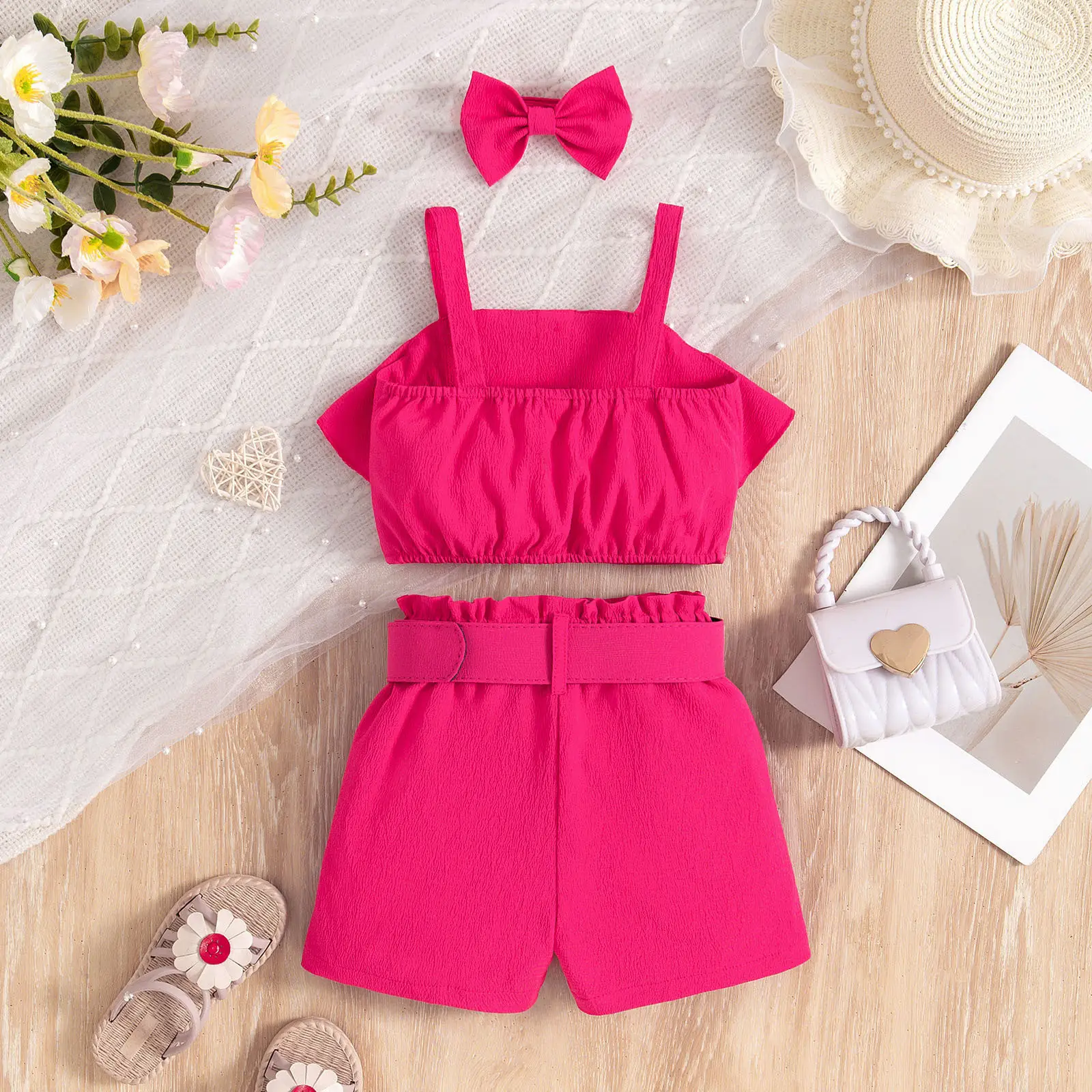 Girls Pink Ruffled Shorts Set with Bow - Image 3