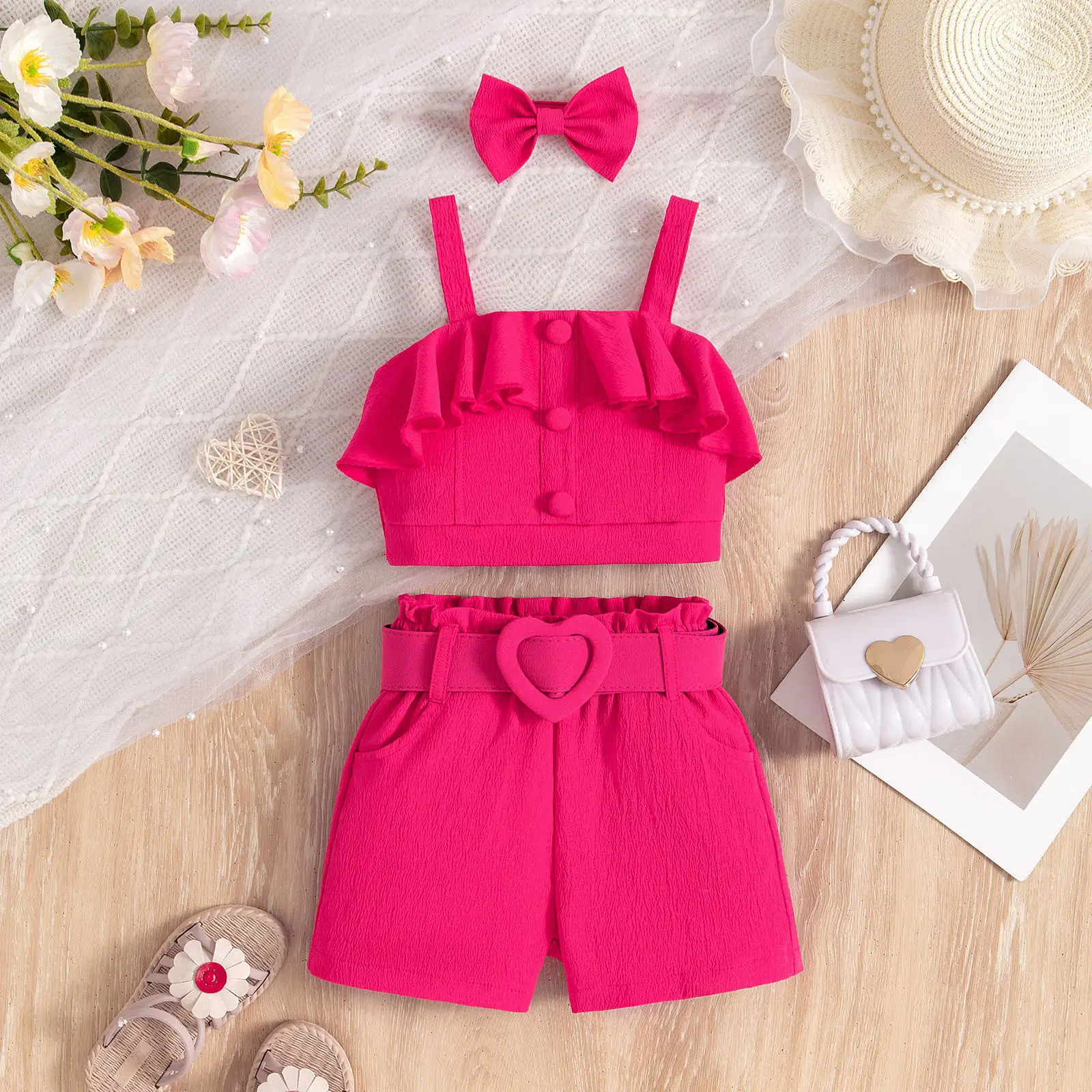 Girls Pink Ruffled Shorts Set with Bow — feature 1