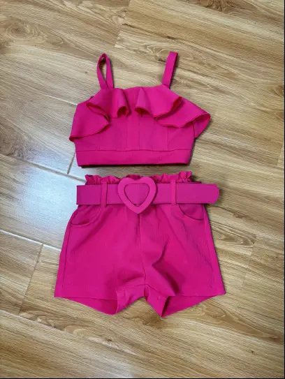 Girls Pink Ruffled Shorts Set with Bow — feature 11