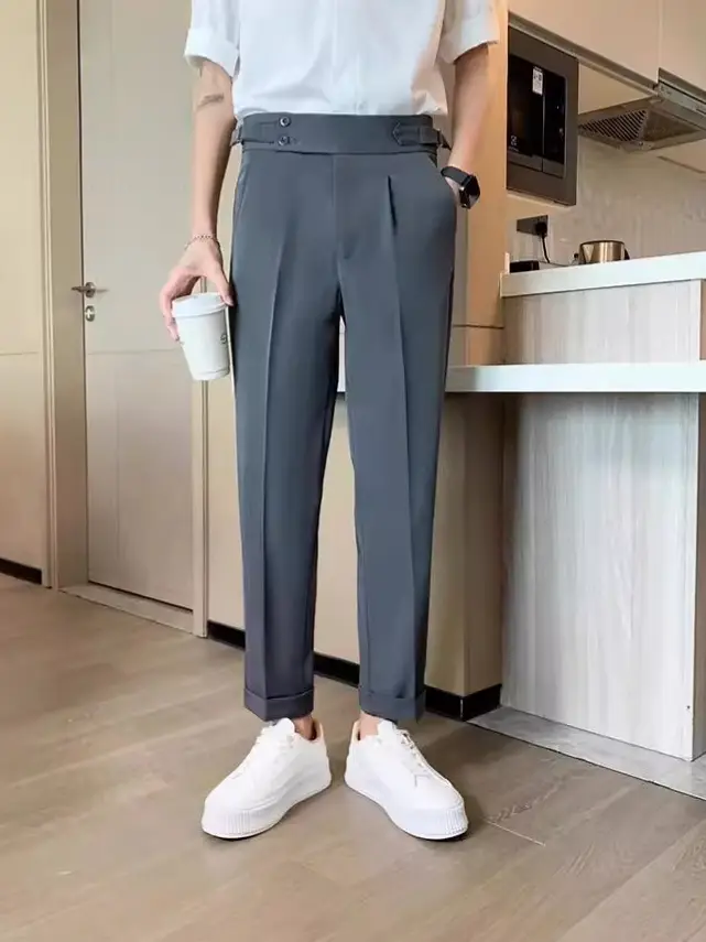 Men's Grey High Waist Straight Pants Spring Summer - Image 9