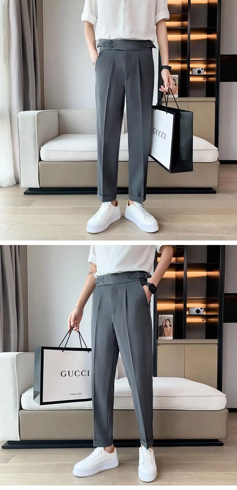 Men's Grey High Waist Straight Pants Spring Summer — feature 13