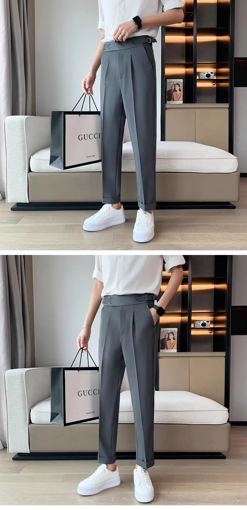 Men's Grey High Waist Straight Pants Spring Summer — feature 14