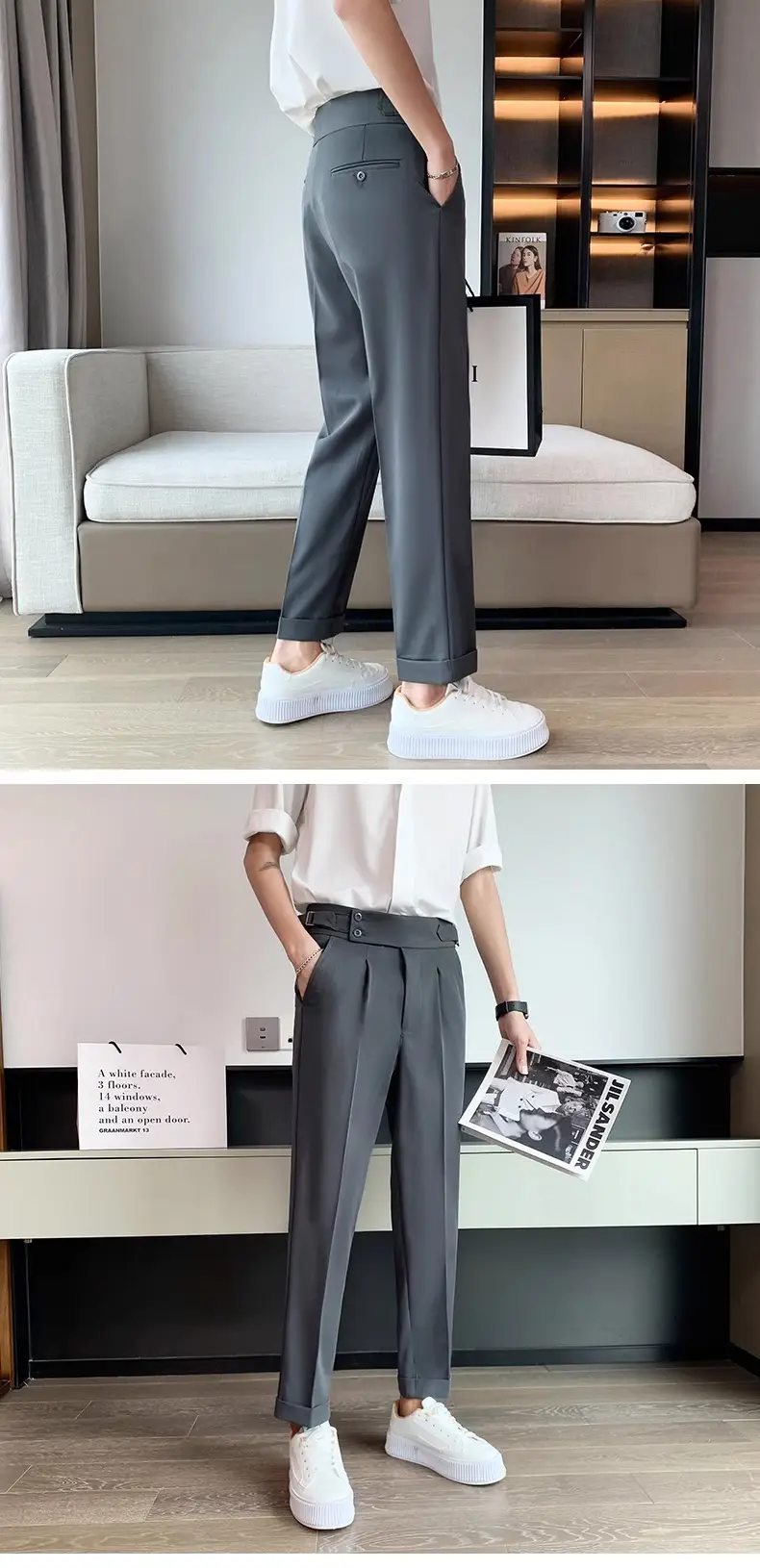 Men's Grey High Waist Straight Pants Spring Summer — feature 15