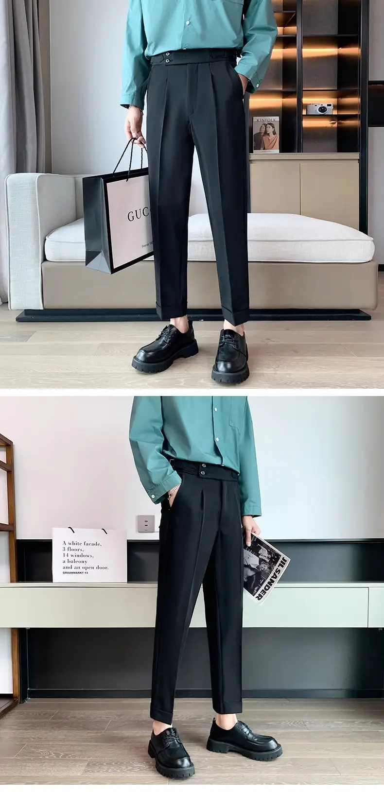 Men's Grey High Waist Straight Pants Spring Summer — feature 4