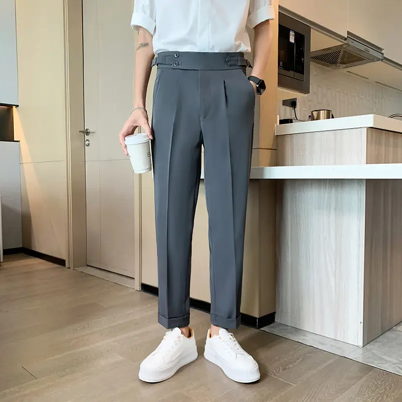 Men's Grey High Waist Straight Pants Spring Summer - Image 4