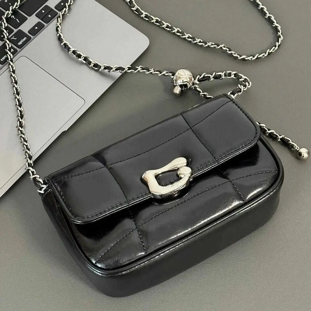 Black Textured Chain Shoulder Bag for Women 2026 - Image 6