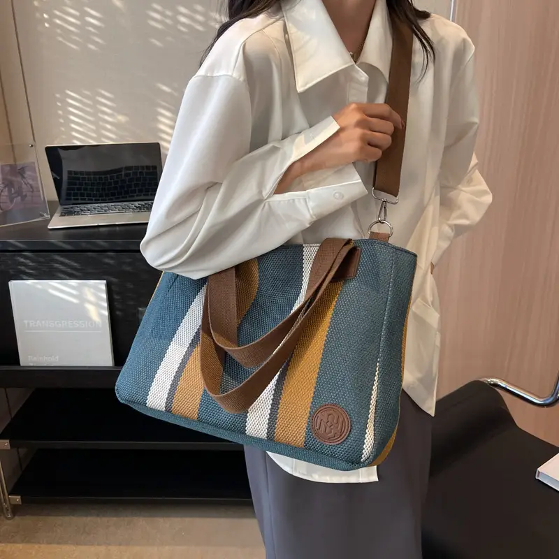 Women Canvas Striped Shoulder Tote Bag Large Capacity - Image 5