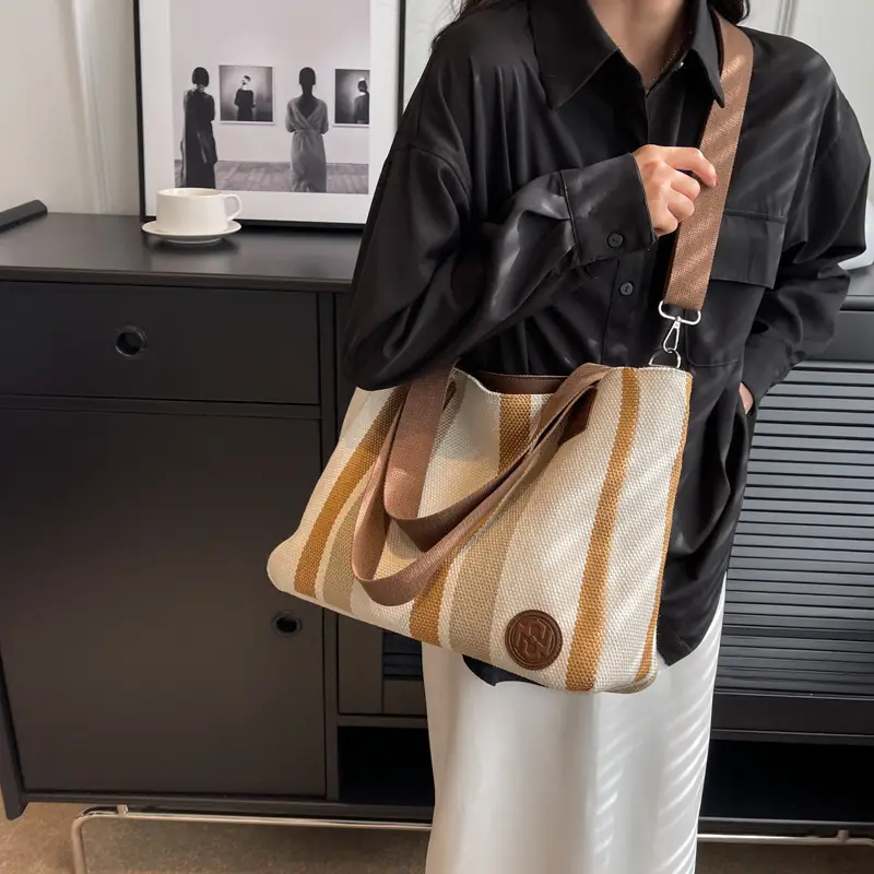 Women Canvas Striped Shoulder Tote Bag Large Capacity - Image 6